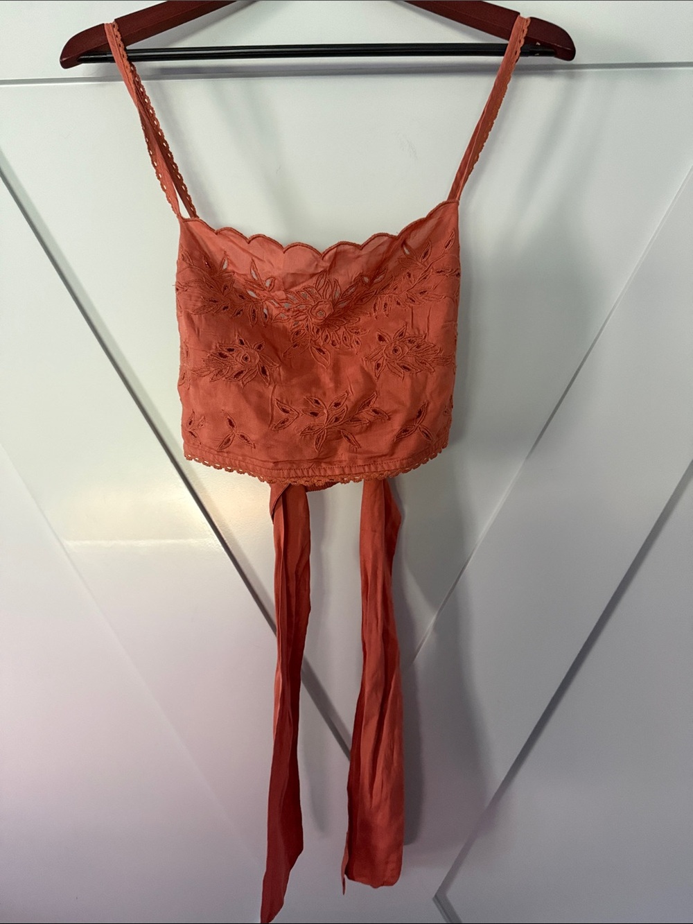 Free People Embroidered Scallop Crop Camisole in Rusty Orange